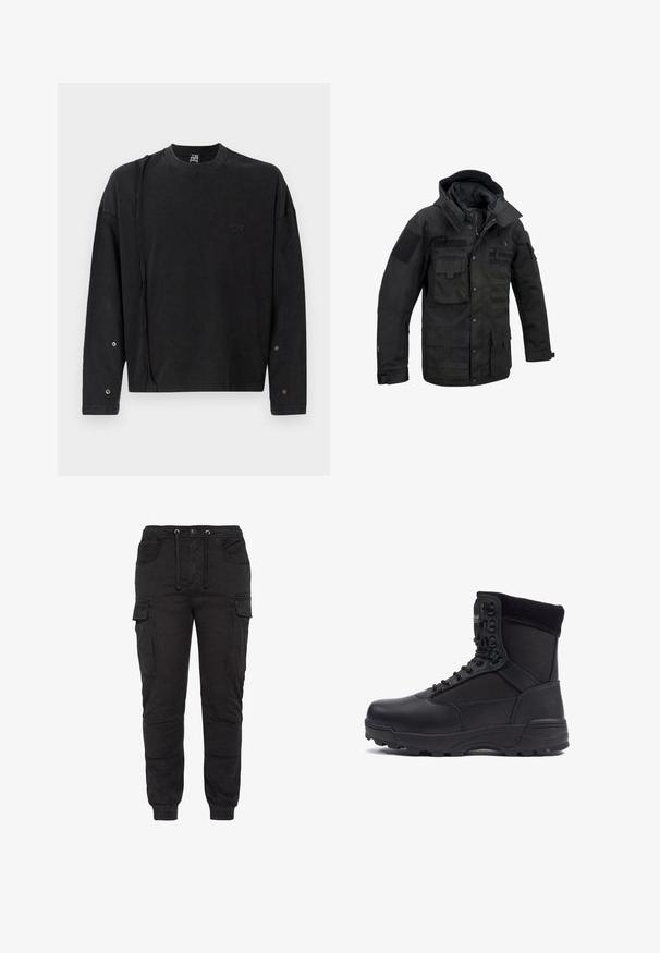 Sort taktikjakke lavet af holdbart stof, med flere lommer, justerbar hætte og velcro-lapper. Struktureret design med forstærkede sømme.; Sort langærmet sweatshirt med rund hals, der har et subtilt logo foran og trykknapdetaljer på ærmerne, lavet af blødt stof.; Sorte cargobukser med snøre i taljen, ribbede manchetter, sidelommer og detaljerede syninger på lårene. Fremstillet af slidstærkt stof.; Sort taktisk støvle med en glat læderoverdel og stofpaneler, høj ankeldesign, snørebånd foran og slidstærk gummisål.