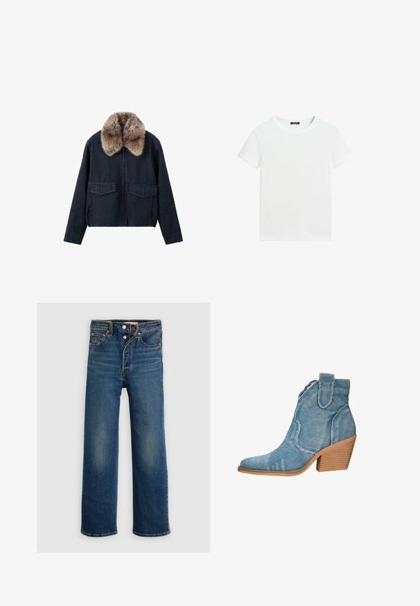 Dunkle Jeansjacke mit Kunstfellkragen, ausgestattet mit zwei aufgesetzten Taschen vorne und einem Reißverschluss. Strukturierter, lässiger Stil.; Schlichtes weißes T-Shirt mit kurzen Ärmeln, rundem Halsausschnitt und einem kleinen schwarzen Etikett innen am Kragen.; Dunkelblaue Jeans aus Denim mit lockerem Sitz. Verfügt über fünf Taschen, Knopfverschluss und dezentes Verblassen an den Oberschenkeln.; Blaue Denim-Ankle-Boots mit spitzer Zehenform, distressed Textur und einem blockartigen Holzabsatz. Verfügt über seitliche Schlaufen für ein einfaches Anziehen.