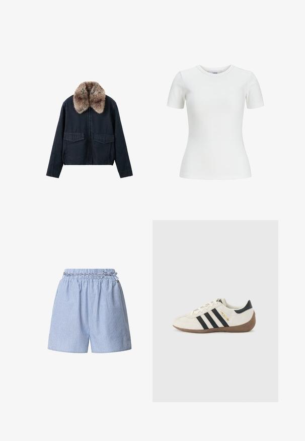 Dunkle Jeansjacke mit Kunstfellkragen, ausgestattet mit zwei aufgesetzten Taschen vorne und einem Reißverschluss. Strukturierter, lässiger Stil.; Weißes geripptes T-Shirt mit kurzen Ärmeln, rundem Ausschnitt und figurbetontem Schnitt. Aus glattem Stoff gefertigt, geeignet zum Schichten oder für die legere Freizeit.; Gestreifte blaue Shorts mit einem elastischen Taillenbund und geflochtenem Kordelzug. Verfügt über vertikale weiße Streifen und ein entspanntes Design.; Weißer Adidas-Sneaker mit schwarzen Streifen, brauner strukturierter Sohle und goldener Aufschrift "SPEZIAL" an der Seite, von der Außenseite betrachtet.