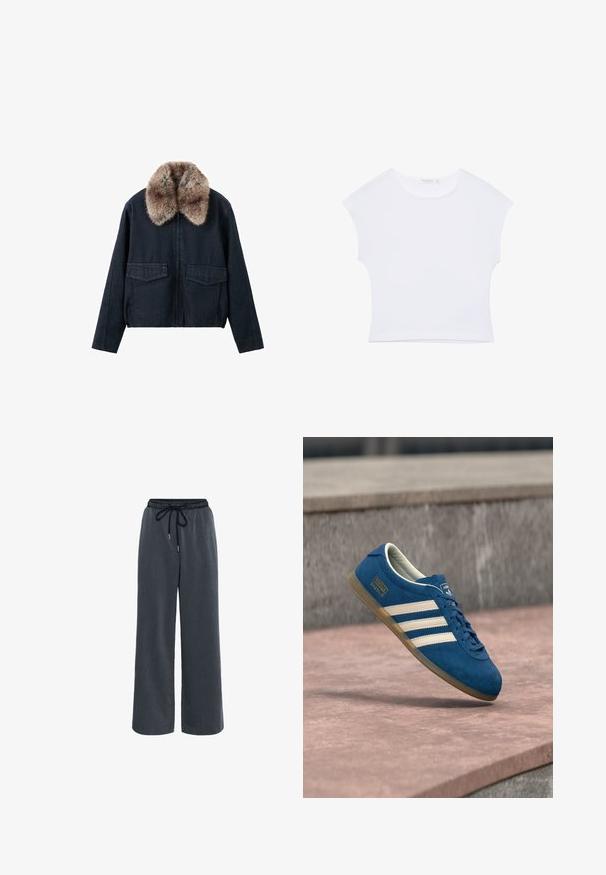 Veste en denim foncé avec un col en fausse fourrure, dotée de deux poches plaquées à l'avant et d'une fermeture éclair. Design texturé et décontracté.; T-shirt court blanc à manches courtes avec col rond, en tissu lisse, posé à plat sur un fond blanc.; Kaffe KANEVIL - Pantalon classique - dark grey melange; Baskets en daim bleu avec bandes et lacets crème, semelle en caoutchouc naturel, surface texturée, bout arrondi et logo sur le côté.