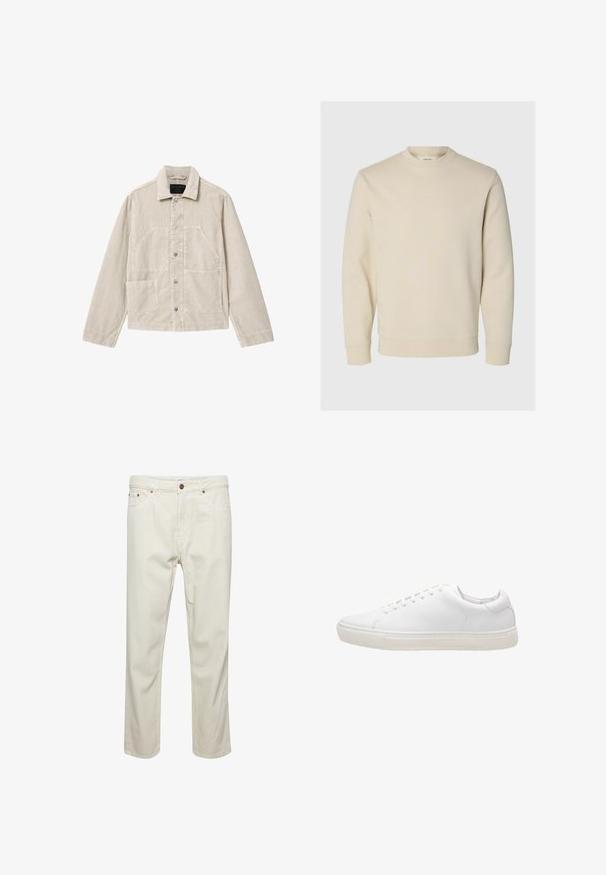 Beige fløjlsjakke med knaplukning foran, to store skrå brystlommer, en mindre lomme nederst til venstre og en klassisk krave.; Langærmet cremefarvet sweatshirt med rund halsudskæring, ribbet manchetter og kant, vist på en enkel lys baggrund.; Beige bomuldsbukser med lige snit, fem lommer, knaplukning og subtile syninger. Ensartet struktur uden synlige mønstre.; Hvide lædersneakers med en glat overflade, rund tå, snørebåndslukning og flad gummisål. Minimalistisk design uden synlige mønstre.