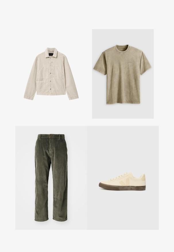 Veste beige en velours côtelé avec fermeture à boutons sur le devant, deux grandes poches poitrine inclinées, une poche plus petite en bas à gauche et un col classique.; T-shirt marron clair à manches courtes avec un col rond, fabriqué en tissu doux. Présente un petit logo brodé sur la poitrine.; Pantalons en velours côtelé vert olive avec des côtes verticales, dotés d'une fermeture à bouton et d'une coupe droite. Texture douce avec une coupe classique.; Sneakers en toile beige avec bout rond, lacets plats et semelle en caoutchouc brun texturée. Présente un logo sur le côté et un design minimaliste.