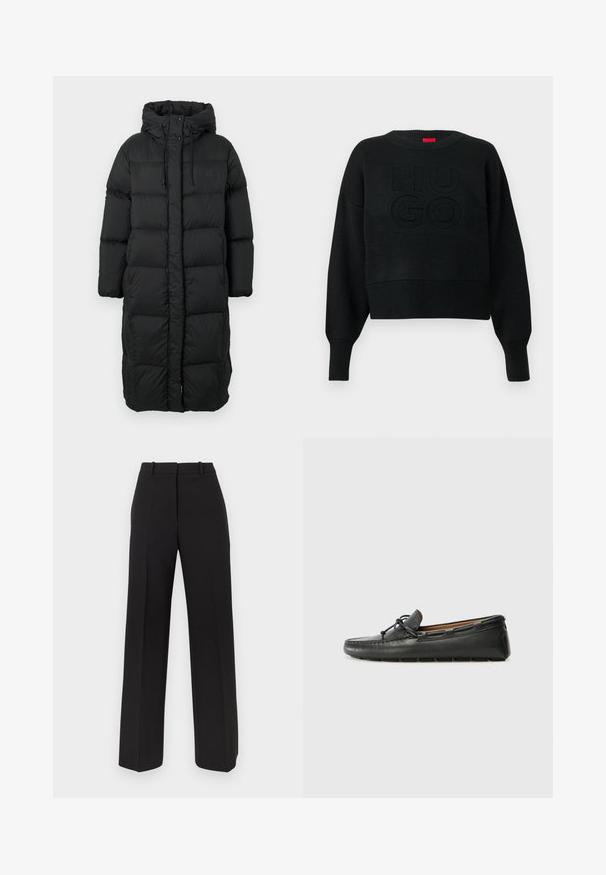 Manteau rembourré noir long avec capuche, cordons de serrage, boutons-pression et fermetures sur les côtés, conçu pour la chaleur et la protection contre les intempéries.; Pull court noir à texture côtelée avec un col rond, arborant un logo "HUGO" embossé sur le devant et des poignets côtelés.; Pantalon noir à jambes larges en tissu lisse, avec une taille haute, deux plis avant et des poches latérales discrètes.; Bateau en cuir noir avec un bout arrondi, des détails de couture, un petit accent en nœud et une semelle en caoutchouc. Texture lisse et design épuré.