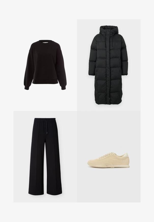 Abrigo puffer largo negro acolchado con capucha, cordones, botones a presión y cierres a presión laterales, diseñado para ofrecer calidez y protección contra las inclemencias del tiempo.; Sudadera negra hecha de material suave, con cuello redondo, hombros caídos y puños acanalados, con un diseño de corte relajado.; Pantalones negros de pierna ancha hechos de tela suave, con una cintura elástica con cordón y costuras laterales para un ajuste relajado.; Zapatillas de ante beige con diseño de cordones, parte superior texturizada, suela de goma en contraste y un leve tacón. Estilo minimalista con un sutil branding.