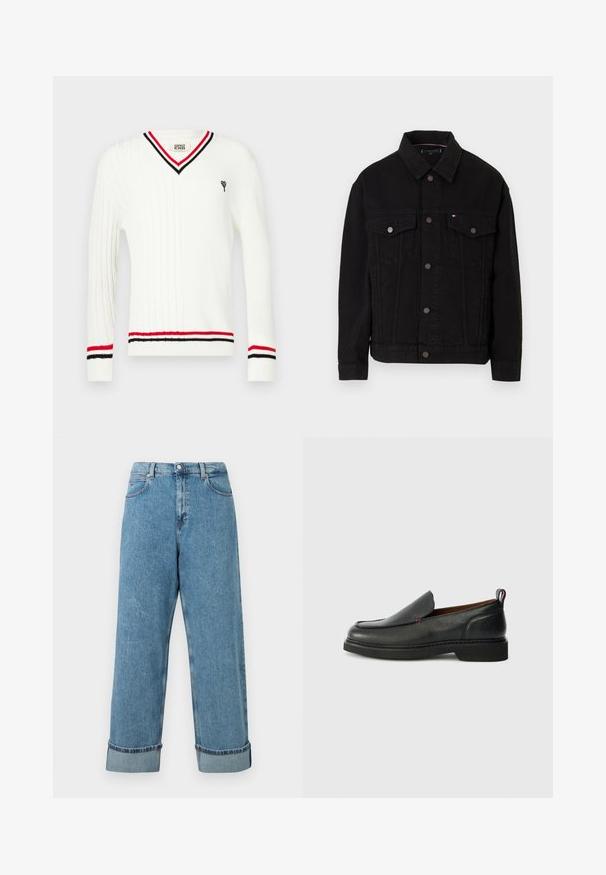 Sort denimjakke med krave, to brystlommer og frontknapper. Glat overflade med synlige sømme og et brandlogo-detalje.; Hvid kabelstrikket sweater med V-udskæring, med sort og rød stribet kant på kraven og ærmerne, samt et lille broderet motiv.; Højtaljede blå denim jeans med bredde ben og optrillede bukseender, der har forlommer og bæltestropper.; Sorte læder slip-on sko med rund tå, struktureret overdel, kontrasterende rød syning og lav hæl. Funktioner en løkke pull tab.