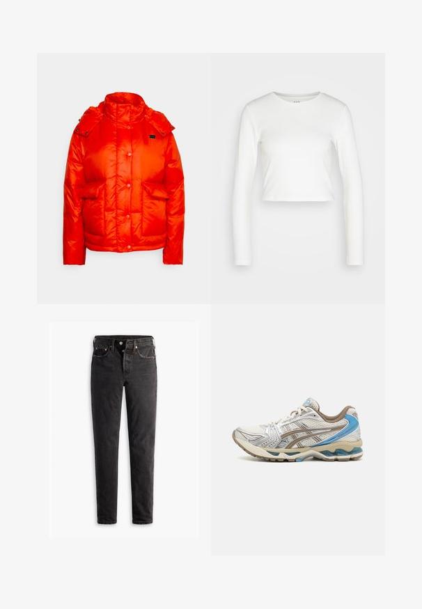 Levi's® LUNA CORE PUFFER - Χειμωνιάτικο μπουφάν - orange; GAP ULTRA CROP RIB TEE - Μπλούζα με μακριά μανίκια - new off white; Μαύρα τζιν παντελόνια με ίσια γραμμή, διαθέτουν πέντε τσέπες, χάλκινα αξεσουάρ και ελαφρώς ξεθωριασμένη υφή.; Άσπρο και μπεζ αθλητικό παπούτσι με μπλε λεπτομέρειες, άνω μέρος από δίχτυ, μαλακή σόλα και σχεδιασμό με κορδόνια, εμφανιζόμενο από την εξωτερική πλευρά.