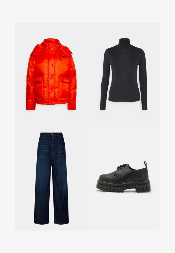 Levi's® LUNA CORE PUFFER - Veste d'hiver - orange; Haut noir à col roulé à manches longues en tissu lisse et extensible. Présente une coupe ajustée et un col haut. Style minimaliste, sans motifs visibles.; Jean large taille haute bleu foncé avec poches avant, fermeture à bouton et zip, présentés sur un fond uni.; Chaussures en cuir noir avec une semelle épaisse et texturée. Les caractéristiques comprennent des coutures jaunes, un bout arrondi et une languette à l'arrière.