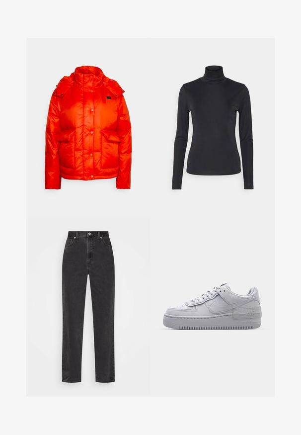 Levi's® LUNA CORE PUFFER - Winterjacke - orange; Schwarzes Langarm-Turtleneck-Oberteil aus einem glatten, dehnbaren Stoff. Hat ein figurbetontes Design und einen hohen Kragen. Minimalistischer Stil, keine sichtbaren Muster.; Schwarze Denim-Jeans mit geradem Bein, hoher Taille, vorderem Knopf und Reißverschluss sowie fünf Taschen auf weißem Hintergrund.; Graue Nike Air Force 1 Sneaker mit perforierter Zehenpartie, Obermaterial aus glattem Leder, dicker Sohle und geprägtem 'AIR'-Detail an der Ferse.