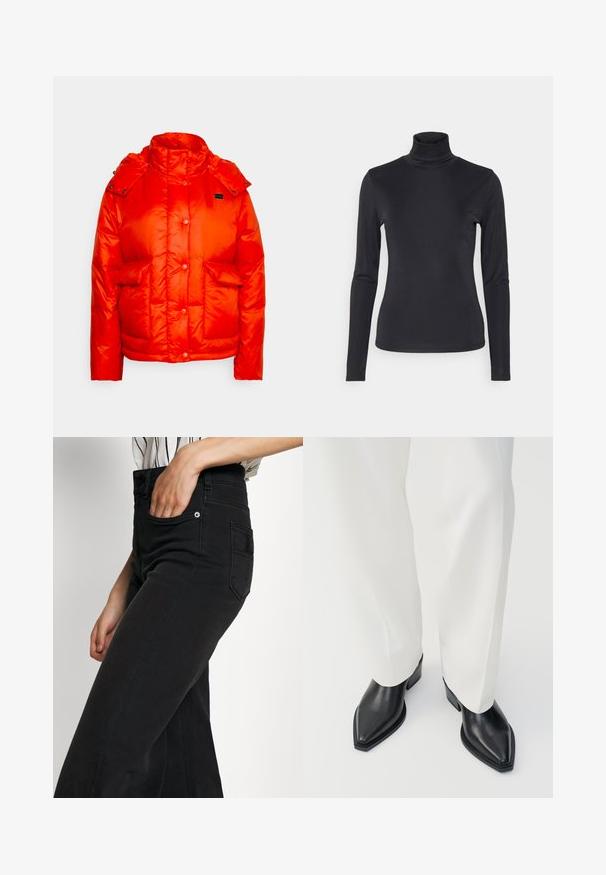 Levi's® LUNA CORE PUFFER - Vinterjakker - orange; Sort turtleneck langærmet top lavet af et glat, strækbart stof. Har et tætsiddende design og en høj krave. Minimalistisk stil, ingen synlige mønstre.; Sorte jeans i bred benstil med høj talje, forlommer og en baglappe. Glat tekstur med minimale syningsdetaljer.; Sorte spidse ankelstøvler med en glat læderoverflade, lave blokhæle, og parret med hvide brede bukser. Enkel og moderne design.