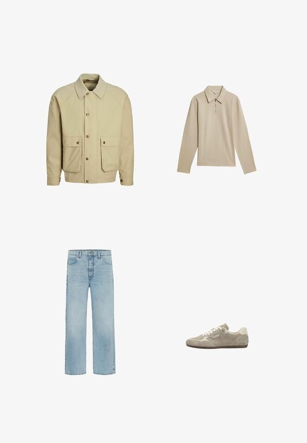 Beige, bomuldsjakke med krave, to frontlommer og knaplukning. Har raglanærmer og en glat tekstur.; Autograph WAFFLE HALF ZIP - Poloshirts - sand; Lyseblå straight-leg denimjeans med forlommer og knaplukning, der viser subtil falming og minimal slid.; Beige lavtop casual sneaker med ruskind og stofpaneler, hvide snørebånd og en tynd brun sål, vist i sideprofil.
