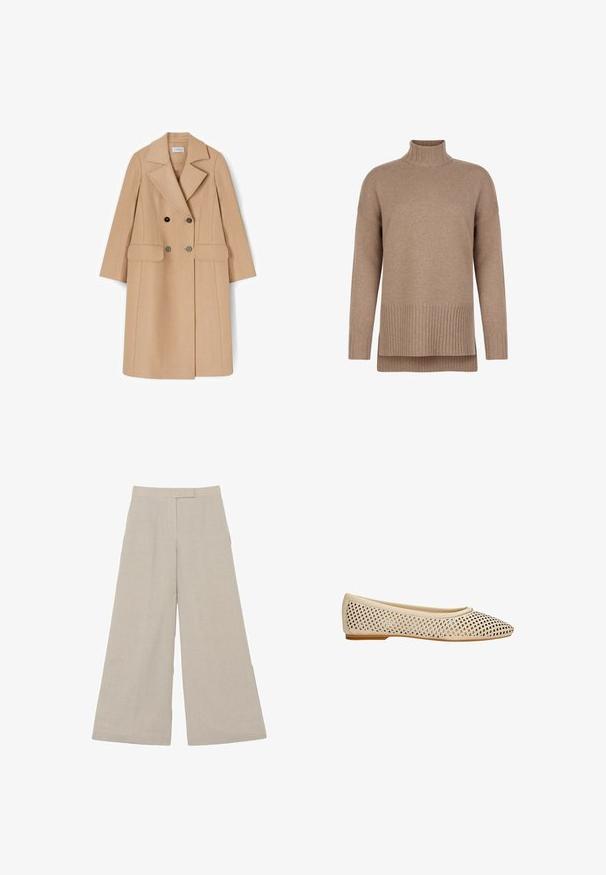 Manteau en laine beige à double boutonnage avec col cranté, poches à rabat et deux boutons noirs à l'avant. Conception droite, mi-long.; Pull à col roulé marron en matière tricotée douce, avec détails côtelés au niveau du col et de l'ourlet, coupe décontractée et design superposé.; Pantalon beige à jambes larges, taille haute avec fermeture avant dissimulée, en tissu texturé.; Ballerines perforées beiges avec un bout pointu et une semelle plate. Présentant un design découpé délicat et une finition lisse. Adaptées pour une tenue décontractée.