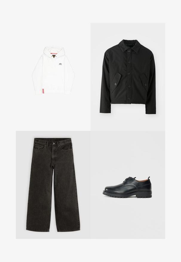 Veste noire courte en tissu lisse. Présente un devant à boutons, un col pointu et deux poches angulaires sur les côtés.; Sweatshirt à capuche blanche avec une poche avant, fermeture à cordon et un petit logo noir sur la poitrine. Présente une étiquette rouge sur l'ourlet.; Jean en denim noir à jambes larges avec bouton et fermeture éclair à l'avant, passants de ceinture, et cinq poches, étalé à plat sur un fond blanc.; Chaussures derby en cuir noir avec une texture lisse, bout rond, design à lacets et une semelle en caoutchouc épaisse et robuste.