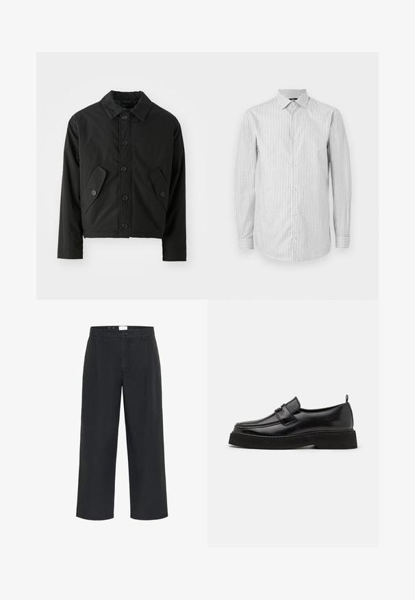 Chaqueta corta negra hecha de tela suave. Presenta un cierre frontal con botones, un collar puntiagudo y dos bolsillos en ángulo a los lados.; Camisa de vestir de manga larga a rayas en blanco y gris claro, con cuello y cierre de botones, que presenta puños a rayas contrastantes y una textura suave.; Matinique MACHINO PLEAT 73 - Pantalones - black; Zapatos estilo mocasín de cuero negro con suela plana y texturizada, con puntera cosida y una correa a lo largo del empeine.