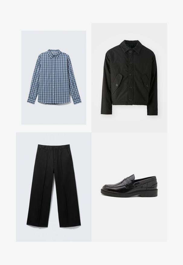 Veste noire courte en tissu lisse. Présente un devant à boutons, un col pointu et deux poches angulaires sur les côtés.; Chemise à manches longues à carreaux bleus et blancs avec col, boutonnage et manches à poignets. Tissu en coton avec une texture lisse.; Pantalon large noir avec passants pour ceinture, poches avant et fermeture éclair, présenté sur un fond gris clair.; Mocassins en cuir noir avec une finition lisse, un bout rond, un petit talon et descoutures décoratives à l'avant. Semelle en caoutchouc pour l'adhérence.