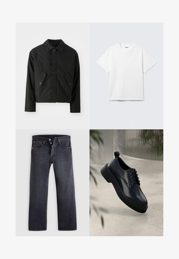 Chaqueta corta negra hecha de tela suave. Presenta un cierre frontal con botones, un collar puntiagudo y dos bolsillos en ángulo a los lados.; Camiseta blanca de manga corta con cuello redondo, colocada plana, diseño liso, con etiqueta "WEEKDAY" en el interior del cuello sobre un fondo claro.; Jeans vaqueros negros de corte recto, diseño de cinco bolsillos y detalles de botones de cobre. Textura suave con un acabado ligeramente desgastado.; Zapato de piel negra con punta redondeada, diseño con cordones y suela de goma gruesa con un borde texturizado. Acabado elegante y hardware minimalista.