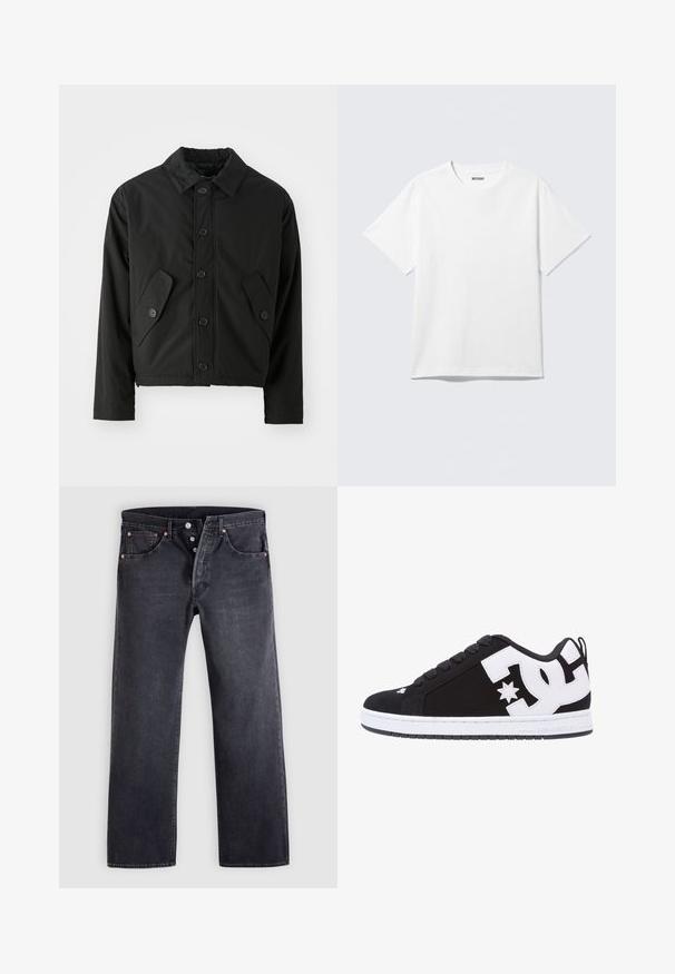 Chaqueta corta negra hecha de tela suave. Presenta un cierre frontal con botones, un collar puntiagudo y dos bolsillos en ángulo a los lados.; Camiseta blanca de manga corta con cuello redondo, colocada plana, diseño liso, con etiqueta "WEEKDAY" en el interior del cuello sobre un fondo claro.; Jeans vaqueros negros de corte recto, diseño de cinco bolsillos y detalles de botones de cobre. Textura suave con un acabado ligeramente desgastado.; Zapatilla negra con acentos y logotipo blanco. Presenta puntera redonda, suela acolchada, cordones planos y material superior liso. Vista lateral.