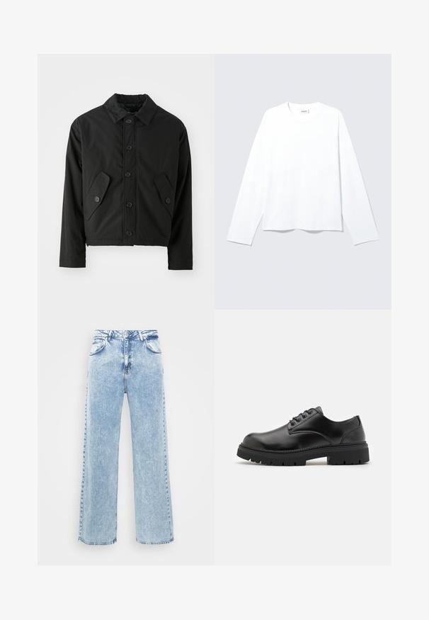 Veste noire courte en tissu lisse. Présente un devant à boutons, un col pointu et deux poches angulaires sur les côtés.; T-shirt blanc uni à manches longues avec col rond, coupe décontractée, avec une étiquette de marque visible au niveau du col, posé à plat sur un fond clair.; Jeans en denim bleu clair avec un design à jambes larges, cinq poches et une fermeture à bouton. Présente un léger délavage et des coutures contrastées.; Chaussures en cuir noir avec un bout rond, un laçage et une semelle en caoutchouc épaisse et texturée. Présente des coutures le long du bord et une finition lisse.