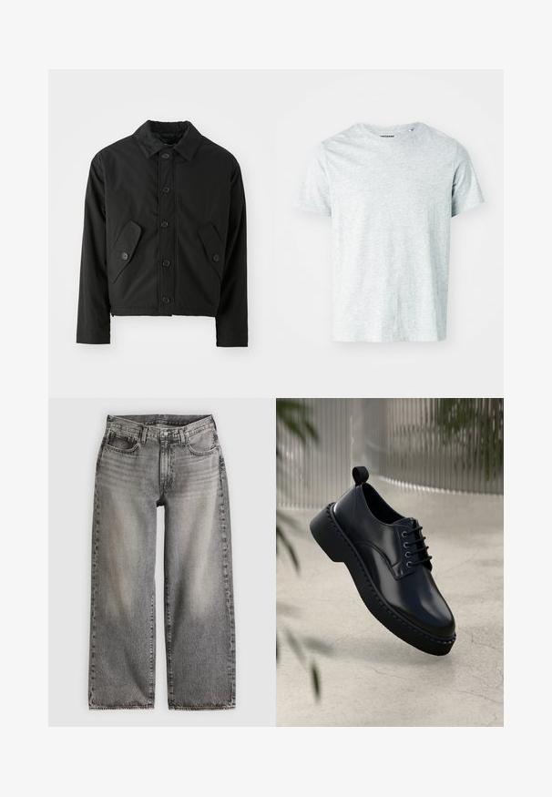 Chaqueta corta negra hecha de tela suave. Presenta un cierre frontal con botones, un collar puntiagudo y dos bolsillos en ángulo a los lados.; Camiseta de manga corta gris claro, confeccionada en una tela suave, con cuello redondo y un corte ligeramente relajado. Sin patrones ni gráficos visibles.; Vaqueros de pierna ancha en denim negro descolorido, con cintura alta, cinco bolsillos y un detalle sutil de costuras a lo largo de las costuras.; Zapato de piel negra con punta redondeada, diseño con cordones y suela de goma gruesa con un borde texturizado. Acabado elegante y hardware minimalista.