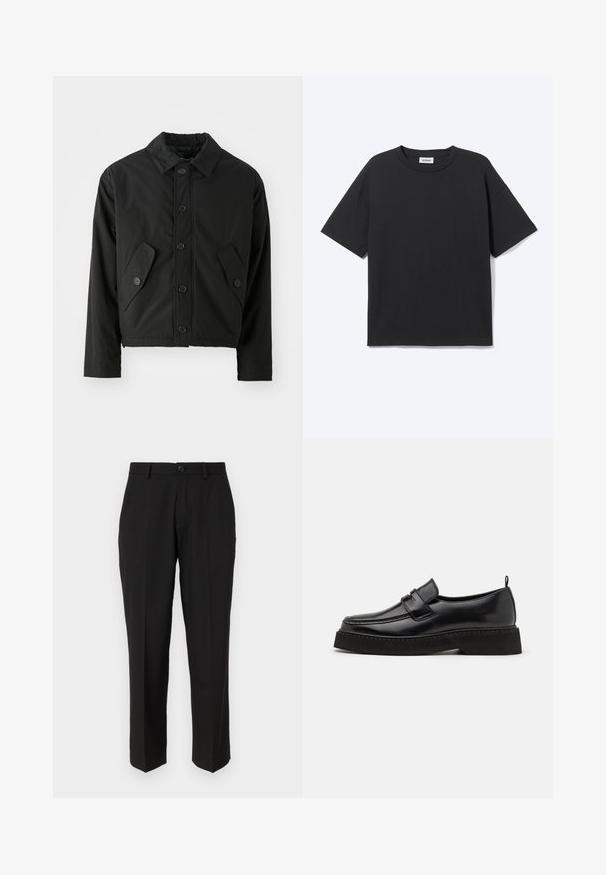 Veste noire courte en tissu lisse. Présente un devant à boutons, un col pointu et deux poches angulaires sur les côtés.; T-shirt noir à manches courtes avec col rond, coupe décontractée, vue de face, design uni et étiquette de la marque Weekday visible à l’intérieur du col.; Pantalon noir en tissu lisse, présentant une coupe droite, des poches avant, un bouton simple de fermeture et sans motifs visibles.; Chaussures en cuir noir de style mocassin avec une semelle plate et texturée, présentant un bout piqué et une sangle traversant le cou-de-pied.