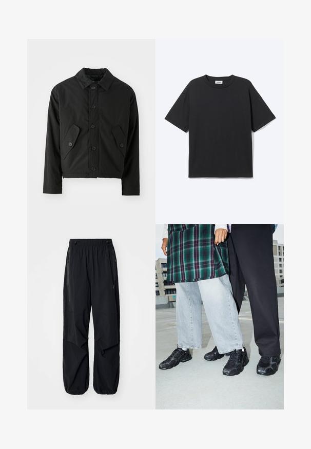 Chaqueta corta negra hecha de tela suave. Presenta un cierre frontal con botones, un collar puntiagudo y dos bolsillos en ángulo a los lados.; Camiseta negra de manga corta con cuello redondo, ajuste relajado, vista frontal, diseño sencillo y etiqueta visible de la marca Weekday en el interior del cuello.; Pantalones cargo ligeros negros con cinturilla elástica, cremalleras laterales y bolsillos amplios. Presentan un corte holgado y puños ajustados.; Zapatillas deportivas negras con acentos de malla y goma. Combinadas con jeans de pierna ancha de color gris claro y una blusa de cuadros verdes. Fondo de superficie plana.
