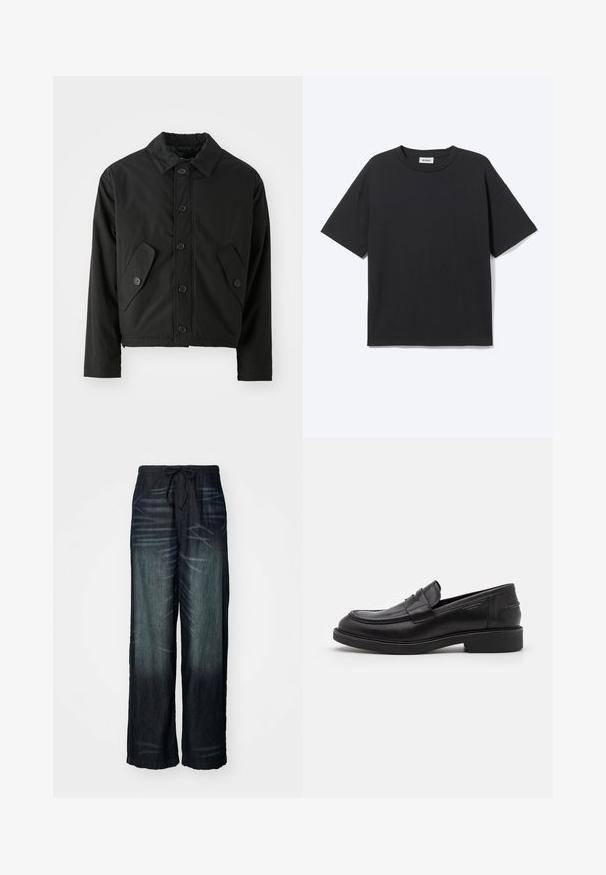Veste noire courte en tissu lisse. Présente un devant à boutons, un col pointu et deux poches angulaires sur les côtés.; T-shirt noir à manches courtes avec col rond, coupe décontractée, vue de face, design uni et étiquette de la marque Weekday visible à l’intérieur du col.; Pantalons larges en denim foncé avec une décoloration graduelle. Dotés d'une taille élastique avec un cordon de serrage. Texture lisse avec des motifs d'usure subtils.; Mocassins en cuir noir avec un bout arrondi, des coutures ton sur ton et un détail de sangle à l'avant. Semelle en caoutchouc avec un petit talon.