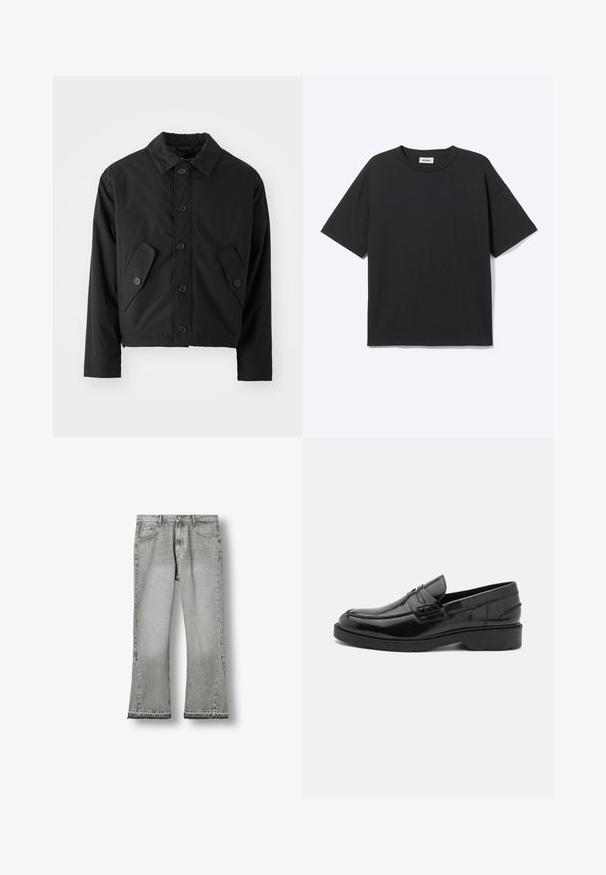 Veste noire courte en tissu lisse. Présente un devant à boutons, un col pointu et deux poches angulaires sur les côtés.; T-shirt noir à manches courtes avec col rond, coupe décontractée, vue de face, design uni et étiquette de la marque Weekday visible à l’intérieur du col.; Jean gris à jambes larges avec poches avant et arrière, passants de ceinture, fermeture par bouton et ourlet brut.; Mocassins en cuir noir avec une finition lisse, un bout rond, un petit talon et descoutures décoratives à l'avant. Semelle en caoutchouc pour l'adhérence.
