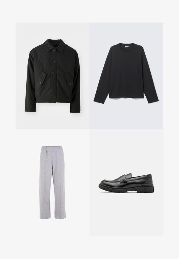 Chaqueta corta negra hecha de tela suave. Presenta un cierre frontal con botones, un collar puntiagudo y dos bolsillos en ángulo a los lados.; Camisa negra de manga larga con cuello redondo, con un diseño simple y holgado, mostrada plana sobre un fondo gris claro.; Pantalones de chándal de algodón ligero en color gris, con cintura elástica, piernas rectas y costuras visibles. Sin bolsillos ni adornos.; Mocasin de cuero negro con una cinta ancha en el empeine, suela de goma con tacos gruesos y textura suave. Diseño clásico y elegante.