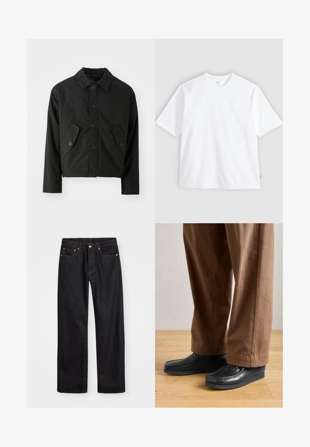 Chaqueta corta negra hecha de tela suave. Presenta un cierre frontal con botones, un collar puntiagudo y dos bolsillos en ángulo a los lados.; Camiseta blanca de manga corta hecha de algodón, con cuello redondo y corte recto. Etiqueta visible en el dobladillo lateral inferior.; Jeans de mezclilla negros de pierna recta para hombre, con cinco bolsillos y costuras en color naranja, cierre de botón y cremallera en la parte delantera de la cintura.; Zapatos de cuero negros con diseño de mocasín y detalles de costura, combinados con pantalones marrones, sobre un suelo de madera.