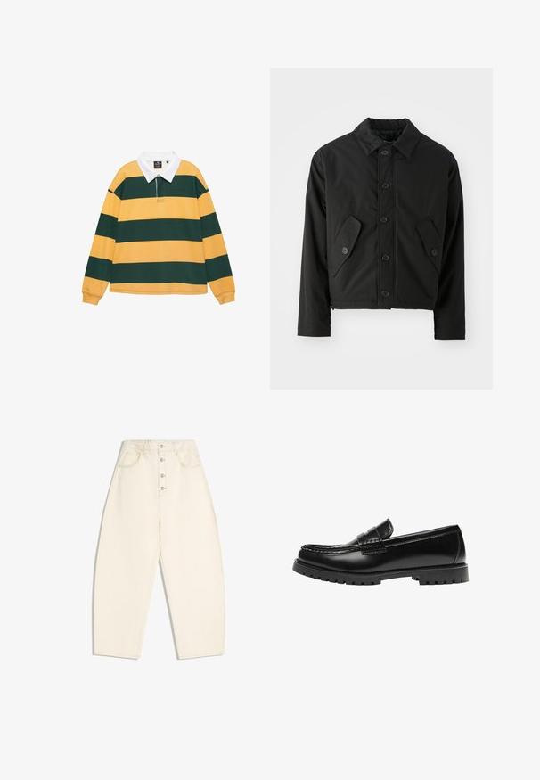 Veste noire courte en tissu lisse. Présente un devant à boutons, un col pointu et deux poches angulaires sur les côtés.; Maillot de rugby à manches longues avec de larges rayures horizontales jaunes et vert foncé, et un col blanc.; Pantalon crème taille haute, jambes larges, fermeture à boutons à l'avant, avec poches latérales et arrière, sur fond blanc.; Mocassin en cuir noir avec une semelle en caoutchouc épaisse et un détail classique de bride à monnaie, vu de côté extérieur.