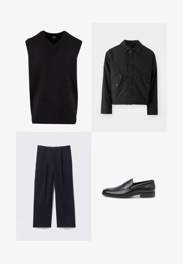 Chaqueta corta negra hecha de tela suave. Presenta un cierre frontal con botones, un collar puntiagudo y dos bolsillos en ángulo a los lados.; Jersey sin mangas negro con escote en V, hecho de un material suave, que cuenta con un escote y dobladillo de canalé. Diseño simple y clásico.; Pantalones azul marino oscuros hechos de tela suave, con un ajuste entallado, dos bolsillos delanteros y cierre de botón.; Mocasín de cuero negro con una silueta curva, detalles cosidos a lo largo del borde y una suela plana de goma para tracción.