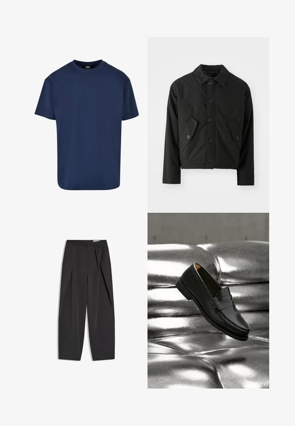 Veste noire courte en tissu lisse. Présente un devant à boutons, un col pointu et deux poches angulaires sur les côtés.; T-shirt en coton bleu marine avec un col rond et des manches courtes. Texture lisse et coupe décontractée, idéal pour un style décontracté.; Pantalon noir taille haute, coupé droit, avec pinces et passants de ceinture, présenté à plat sur un fond blanc.; Mocassin en cuir noir flottant au-dessus d'un canapé en cuir argenté brillant matelassé à boutons dans un décor minimaliste.