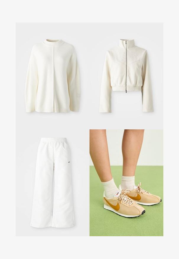 Veste en polaire crème cropped avec un col montant, fermeture éclair à l'avant, ourlet côtelé, et logo discret sur la poitrine ; texture lisse et design moderne.; Pull en polaire blanc avec un col haut côtelé, des manches longues et une couture centrale. Comprend des poignets côtelés et un petit patch logo sur la manche.; Pantalons de sport blancs à design large, avec une taille élastique et un petit logo Nike noir sur le côté gauche. Matériau lisse et léger.; Baskets beiges avec un swoosh orange, tige en mesh et en daim, lacets blancs, semelle noire, associées à des chaussettes beige crème sur une surface verte.