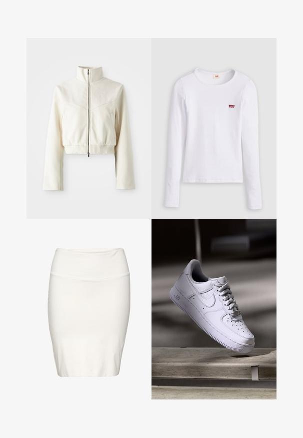 Afskåret cremefarvet fleecejakke med høj krave, frontlynlås, ribbet kant og diskret logo på brystet; glat tekstur og moderne design.; Hvid Levi's langærmet skjorte med rund halsudskæring og lille rødt Levi's-logo på venstre bryst, vist på en ensfarvet baggrund.; Hvid knælang blyantskørt lavet af blødt, elastisk stof. Har et tætsiddende design med et glat taljebånd og minimale sømme.; Hvid Nike Air Force 1 sneaker svævende over en betonoverflade med skygger i et minimalistisk miljø.