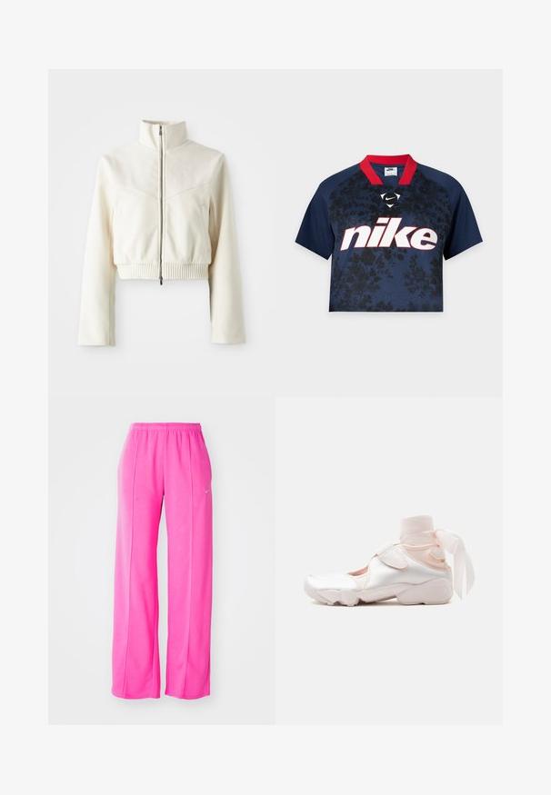 Veste en polaire crème cropped avec un col montant, fermeture éclair à l'avant, ourlet côtelé, et logo discret sur la poitrine ; texture lisse et design moderne.; Crop top bleu marine à manches courtes avec motif floral noir, col rouge et grand logo Nike blanc bordé de rouge à l'avant.; Pantalons de survêtement rose, ample et léger, avec une taille élastique et des coutures latérales. Présente un petit logo près de la cuisse supérieure gauche.; Baskets blanches et rose pâle avec un tour de cheville en tissu doux attaché en nœud, avec une bride ajustable et une semelle arrondie.