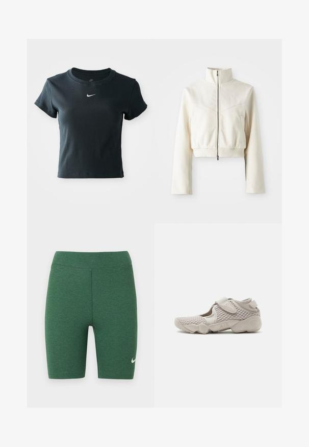 Korte crèmekleurige fleecejas met hoge kraag, voorrits, geribde zoom en subtiele logo op de borst; gladde textuur en modern ontwerp.; Korte mouw, cropped zwart geribbeld t-shirt gemaakt van zachte stof, met een klein wit Nike-logo op de borst.; Groene sportshorts gemaakt van stretchstof. Hoog tailleontwerp met platte naden en een wit Nike-logo op het onderste linkerbeen.; Licht beige sportschoen met mesh bovenwerk, verstelbare riem en gevoerde zool met label "AIR", zijaanzicht op witte achtergrond.