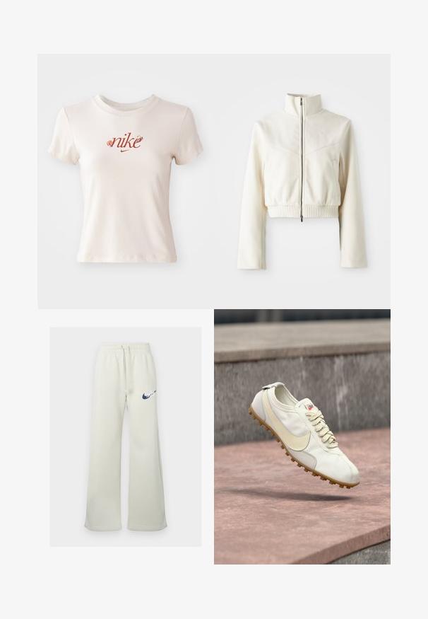 Korte crèmekleurige fleecejas met hoge kraag, voorrits, geribde zoom en subtiele logo op de borst; gladde textuur en modern ontwerp.; Beige T-shirt met korte mouwen van katoen, voorzien van een rood "nike" logo met bloemaccenten en een ronde hals.; Crème-kleurige sweatpants van een katoenmix, met een relaxte pasvorm, elastische tailleband met trekkoord en een marineblauw Nike-logo aan de voorkant.; Witte en beige sportschoen met veters en een rubberen zool zwevend boven een stenen oppervlak met een wazige betonnen achtergrond.
