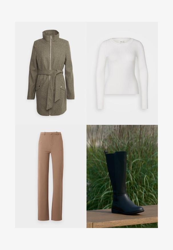 Vero Moda Tall VMPOPALLY ZIP JACKET - Manteau court - peat melange; Haut à manches longues blanc en tissu côtelé avec un col rond. Le tissu est lisse, avec une texture subtile et une coupe ajustée. Pas de matériel ou de motifs visibles.; Pantalon marron à coupe droite, taille haute, avec passants pour ceinture et fermeture éclair à l’avant, présenté sur fond blanc uni.; Botte noire montant jusqu'au genou en cuir lisse avec un bout arrondi et une semelle plate. Présente un design simple avec une languette de tirage en haut.