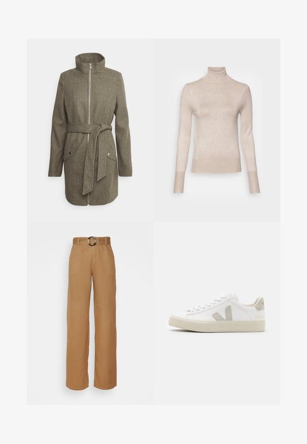 Vero Moda Tall VMPOPALLY ZIP JACKET - Krátky kabát - peat melange; ONLY Tall ONLVENICE - Svetrík - whitecap gray melange; JDY Tall JDYHAVEN PANT - Nohavice - toasted coconut; Biele tenisky vyrobené z kože s šedými akcentmi vo forme V loga, textúrovaná gumová podrážka, biele šnúrky a polstrovaný jazyk a golier.