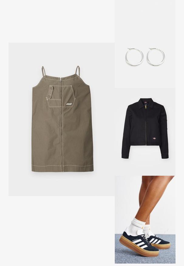 Must teenär liibuv must jope, millel on vastupidav kangas, ees on lukuga sulgur, külgedel taskud ja väike logopatch vasakul küljel.; Olive roheline ilma varrukateta kleit, mis on valmistatud puuvillast ja millel on lukuga sulgemine. Omab ühte rinnataskut, kontrastset õmblust ning reguleeritavaid rihmasid.; Jalad valgete sokkide ja mustade Adidas Gazelle tossudega, millel on valged triibud ja paksud pruunid tallad, halli vaibaga põrandal.; Hõbedased rõngasnõelad on sujuva ja ümara kujundusega, õhukese profiiliga ning kindla lukuga. Minimalistlik stiil ja läikiv viimistlus.