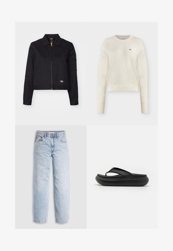Veste noire cropped en tissu robuste, avec une fermeture éclair à l'avant, des poches latérales et un petit patch logo sur le côté gauche.; Pull en maille écru à manches longues avec col rond et petit logo crocodile vert Lacoste sur la poitrine gauche.; Jean en denim bleu clair avec une taille haute, une coupe décontractée, des jambes droites et un design classique à cinq poches. Détails visibles de décoloration et de coutures.; Tongs noires avec une semelle texturée, équipées d'une semelle moulée et d'une bride entre les orteils. Le nom de la marque "REEF" est visible sur la bride.