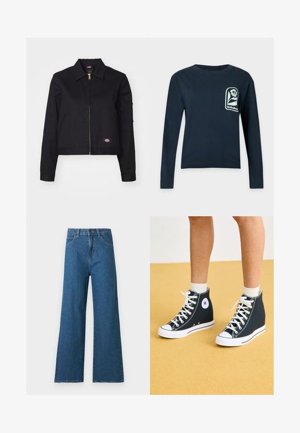 Sort cropped jakke lavet af robust stof, med en frontlynlås, sidelommer og et lille logo-patch på venstre side.; Marineblå langærmet skjorte med rund hals og et hvidt blomsterlogo med teksten "Quiksilver" på venstre bryst.; Blå vidde bukser i denim med foran knap, lynlås og klassisk design med fem lommer på hvid baggrund.; Høje sneakers i mørkeblåt kanvas med hvide gummisåler, snørebånd og detaljer. Har et rundt logo og hvide syninger.