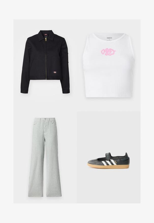 Čierna krátka bunda vyrobená z pevnej tkaniny, s predným zipsom, bočnými vreckami a malou nášivkou s logom na ľavej strane.; Biely rebrovaný crop top s ružovým logom "OBEY" v strede. Navrhnutý s okrúhlym výstrihom a bez rukávov.; Prúhované široké nohavice vyrobené z ľahkej tkaniny, s vertikálnymi modro-bielymi pruhmi, vysokým pásom a prednými vreckami.; Čierne kožené a zamšové tenisky s Velcro pásikom, s tromi bielymi pruhmi a gumenou podrážkou, označené nápisom "SAMBA" na boku.