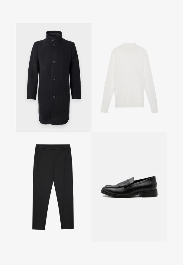 Manteau long noir avec un col haut, en tissu, présentant cinq boutons sur le devant et des poches latérales. Design classique à coupe droite.; Pull-over blanc avec un col montant, des manches longues et des poignets et un ourlet côtelés. Fabriqué en tissu tricoté doux. Design simple et ajusté.; Pier One by Zalando PUNTO TAILORED PANTS - Chino - black; Mocassin homme en cuir noir avec détail pompon, bout arrondi, talon bas et finition polie lisse, montré de profil sur fond blanc.