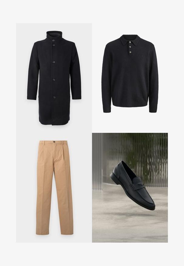 Lang zwarte jas met hoge kraag, gemaakt van stof, met vijf knopen aan de voorkant en zijzakken. Klassiek recht model.; Donkerblauwe gebreide trui met lange mouwen, een kraag en drie knopen aan de voorkant.; Khaki broek met een rechte pijpdesign, gemaakt van katoen; heeft een enkele knoopsluiting en twee voorplooien.; Zwarte leren loafer met een gladde afwerking, puntige neus en gestikte details over de wreef. Lage hak en minimalistisch ontwerp.