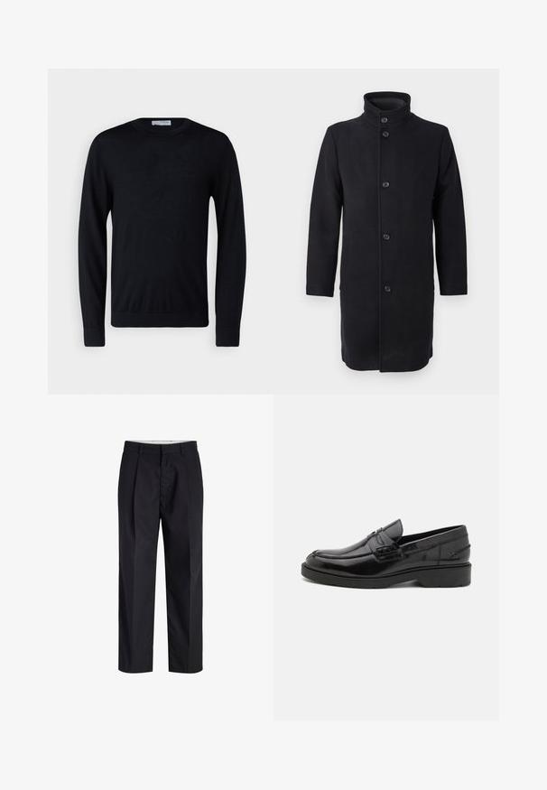 Langer schwarzer Mantel mit hohem Kragen, aus Stoff gefertigt, mit fünf Knöpfen auf der Vorderseite und seitlichen Taschen. Klassischer, gerader Schnitt.; Schwarzer Pullover mit langen Ärmeln und Rundhalsausschnitt, mit gerippten Bündchen und Saum, vor weißem Hintergrund präsentiert.; Schwarze gerade geschnittene Hose mit Bund, Gürtelschlaufen, Frontreißverschluss und Seitentaschen auf weißem Hintergrund.; Schwarze Lederloafers mit glatter Oberfläche, abgerundetem Zehenbereich, niedrigem Absatz und dekorativer Naht entlang der Vorderseite. Gummisohle für guten Halt.
