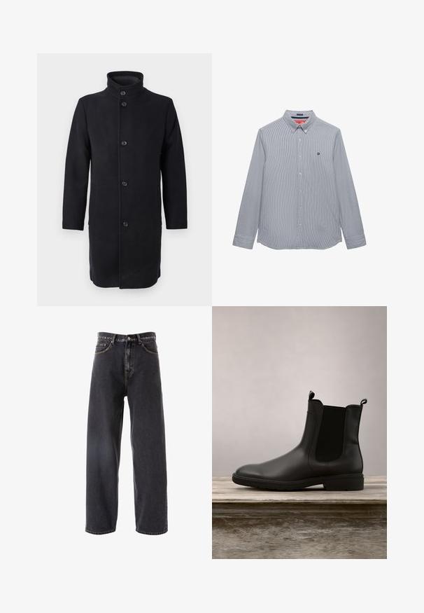 Abrigo largo negro con cuello alto, hecho de tela, con cinco botones en la parte delantera y bolsillos laterales. Diseño clásico de corte recto.; Camisa de manga larga con botones, con finas rayas verticales, cuello abotonado y pequeño logotipo bordado en el pecho izquierdo.; Pantalones vaqueros de mezclilla gris oscuro con un diseño holgado y de pierna recta, que cuentan con cinco bolsillos, costuras claras y un cierre de botón en la cintura.; Botín Chelsea de goma negra con un acabado suave, paneles laterales elásticos y tiradores, que cuenta con un tacón bajo y una suela resistente.