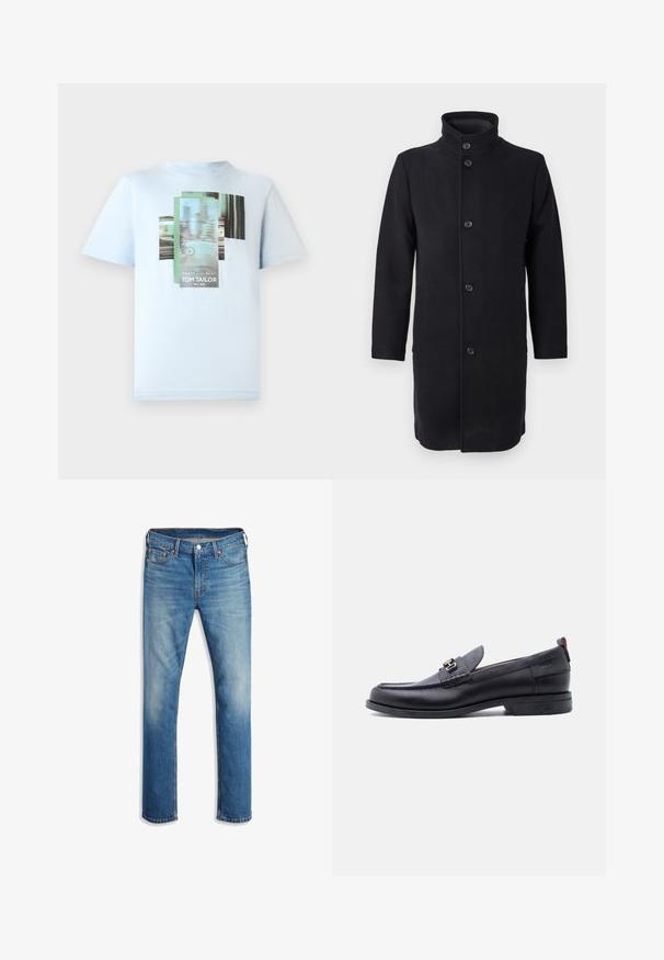 Lang sort frakke med høj krave, lavet af stof, med fem knapper foran og sidelommer. Klassisk lige skåret design.; TOM TAILOR T-shirts print - light metal blue; Lys blå denim jeans med lige ben-design, fem lommer, knaplukning, subtil falming og orange syninger.; Sort lædermokasin med grå tekstureret forfod, sølvfarvet metalspænde, lav hæl og trækflap bagpå.