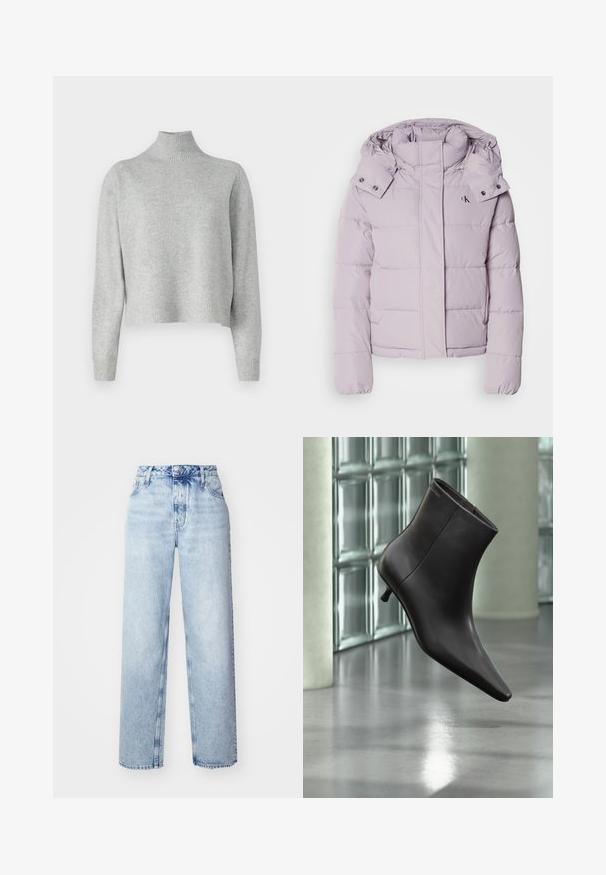 Chaqueta acolchada de lavanda clara con capucha desmontable, cierre frontal con cremallera y puños elásticos. Presenta un logo en el pecho y un diseño acolchado.; Suéter de cuello alto gris claro, hecho de una suave tela de punto, con mangas largas y dobladillo y puños acanalados. Sin patrones ni detalles metálicos.; Jeans de tiro alto color azul claro con un corte holgado, que cuentan con piernas rectas, cinco bolsillos y un cierre clásico de botones y cremallera.; Bota de cuero negro para el tobillo con puntera puntiaguda y tacón pequeño, exhibida frente a una pared de bloques de vidrio y un suelo pulido.