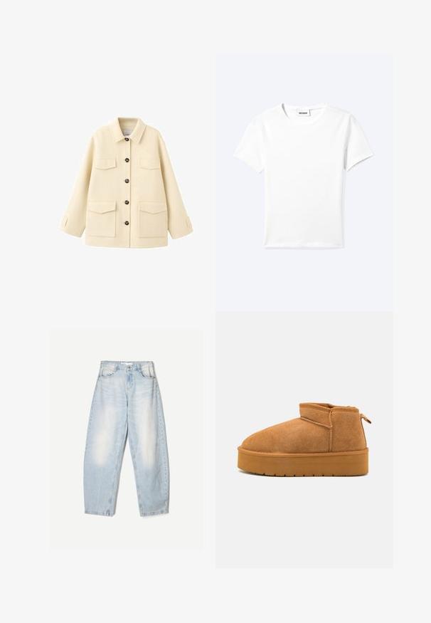Crèmekleurig wollen jack met een kraag, zes knopen aan de voorkant en twee borstzakken. Het heeft lange mouwen en een losse pasvorm.; Effen wit T-shirt met korte mouwen en ronde hals met een klein "WEEKDAY" label aan de binnenkant van de hals, plat neergelegd op een lichte achtergrond.; Lichtblauwe denim jeans met een losse pasvorm, voorzien van een vervaagde afwerking, twee voorzakken en een knoopsluiting bij de taille.; Bruine suède enkellaarzen met een ronde neus, laag uitgesneden ontwerp en een gestructureerde rubberen zool met een lichte plateauzool en een trekhaak.