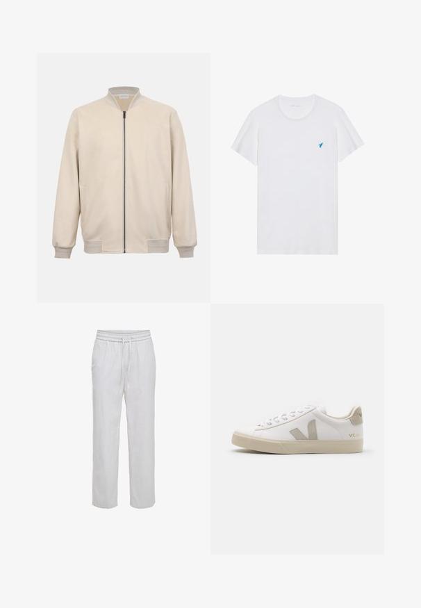 Veste bomber beige avec fermeture éclair à l'avant, col, poignets et taille côtelés, dotée de poches latérales et d'une texture lisse.; T-shirt blanc à manches courtes en coton, avec un logo d'oiseau brodé bleu sur la poitrine gauche et un design classique à col rond.; Pantalon en lin blanc à cordon de serrage, taille élastique et poches latérales, coupe droite.; Baskets en cuir blanc avec des accents beiges, semelle plate en caoutchouc, bout rond et logo contrastant sur le côté et à l'arrière. Design à lacets.